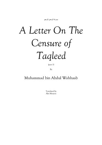 A Letter on the Censure of Taqleed