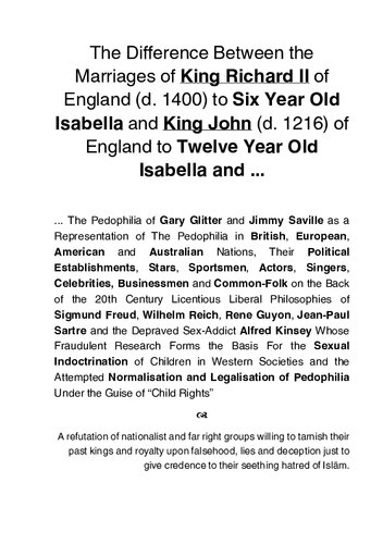 The Difference Between the Marriages of King Richard II of England to Six Year Old Isabella and King John of England to Twelve Year Old Isabella and ...