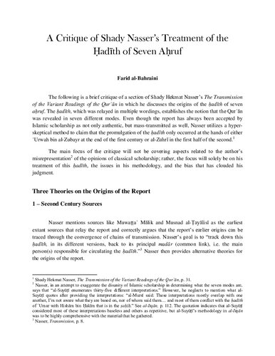 A Critique of Shady Nasser’s Treatment of the Hadith of Seven Ahruf