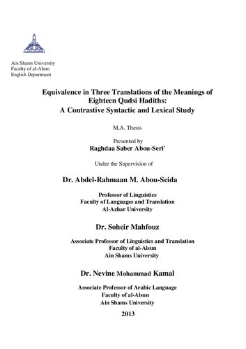 Equivalence in Three Translations of the Meanings of Eighteen Qudsi Hadiths