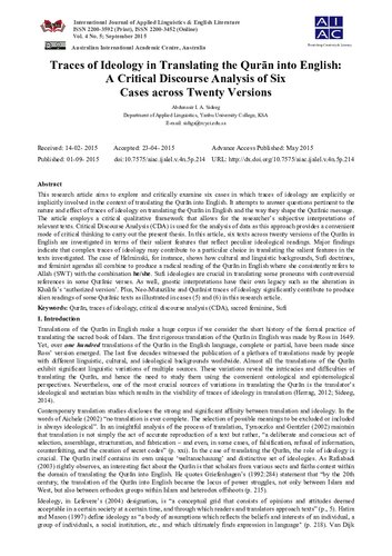 Traces of Ideology in Translating the Qur’ān into English: A Critical Discourse Analysis of Six Cases across Twenty Versions