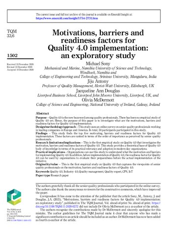 Motivations, barriers and readliness factors for Quality 4.0 implementation: an exploratory study
