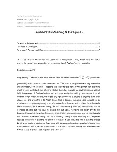 Tawheed  Its Meaning and Categories - Shaykh Uthaymeen