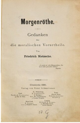 Morgenröthe [Morgenröte] : Gedanken über die moralischen Vorurteile