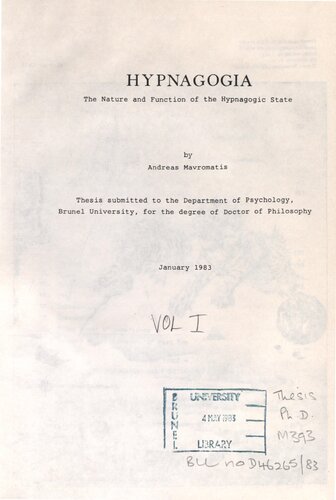 HYPNAGOGIA:The Nature and Function of the Hypnagogic State, Vol1+2