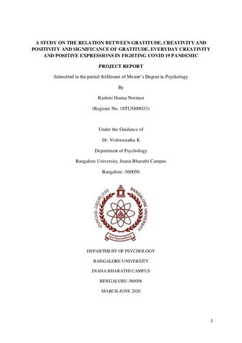 [Dissertation] A study on Gratitude, Creativity and Positive expressions in fighting  COVID 19 pandemic