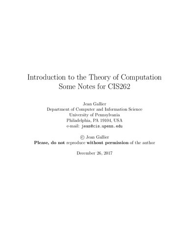 ntroduction to the Theory of Computation. Some Notes for CIS262