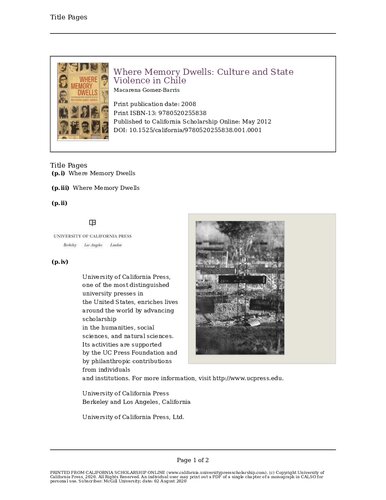 Where Memory Dwells: Culture and State Violence in Chile