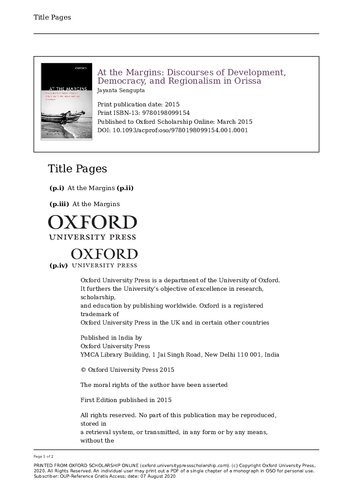 At the Margins: Discourses of Development, Democracy, and Regionalism in Odisha