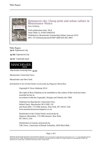 Ephemeral city: Cheap print and urban culture in Renaissance Venice