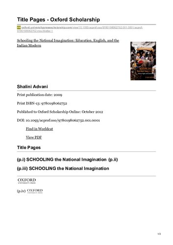 Schooling the National Imagination: Education, English, and the Indian Modern