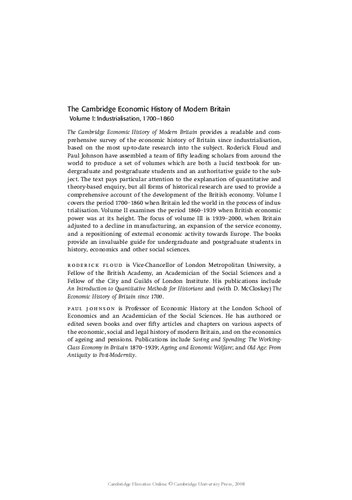 The Cambridge Economic History of Modern Britain : Volume 1 : Industrialisation, 1700–1860