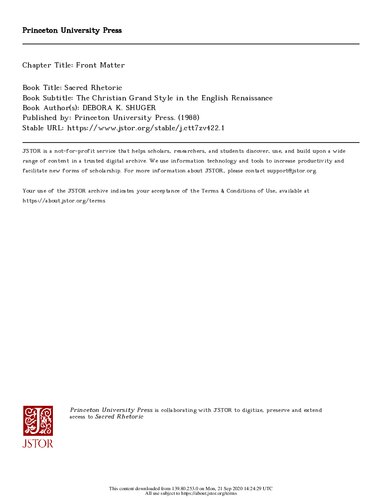 Sacred Rhetoric: The Christian Grand Style in the English Renaissance