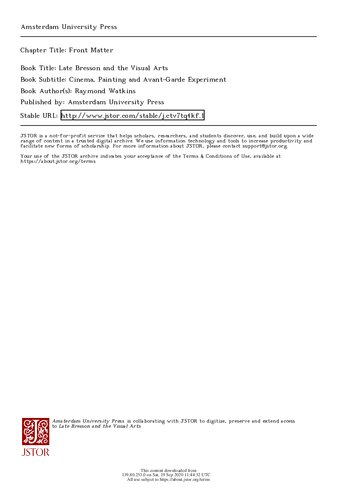 Late Bresson and the Visual Arts: Cinema, Painting and Avant-Garde Experiment