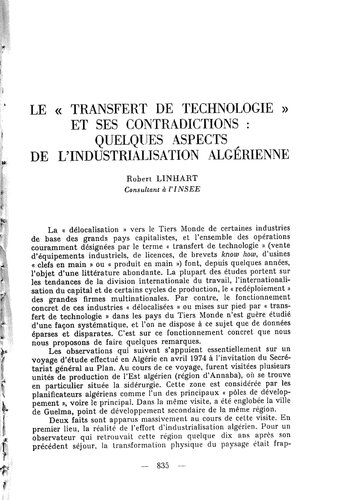 Le transfert des technologies et ses contradictions: quelques aspect de l'industrialisation Algérienne
