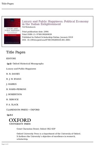 Luxury and Public Happiness in the Italian Enlightenment (Oxford Historical Monographs)