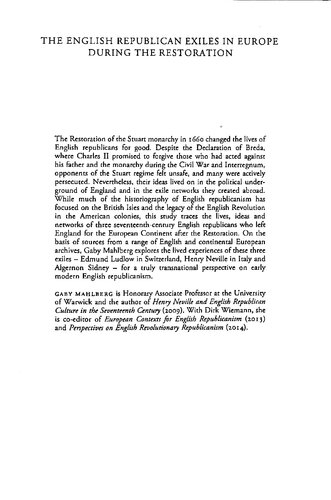The English Republican Exiles in Europe During the Restoration