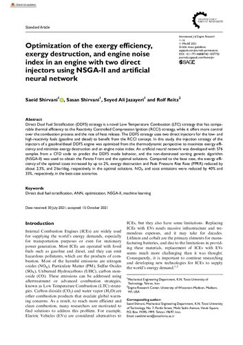 Optimization of the exergy efficiency, exergy destruction, and engine noise index in an engine with two direct injectors using NSGA-II and artificial neural network