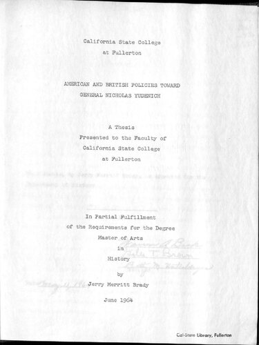 American and British Policies toward General Nicholas Yudenich