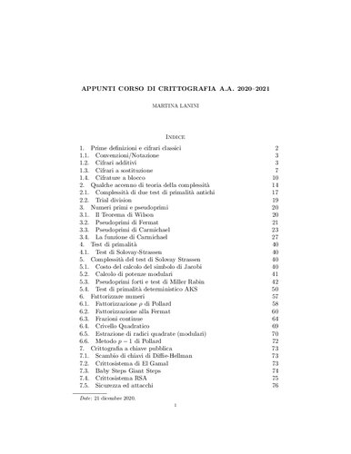 Appunti corso di crittografia A.A. 2020-2021