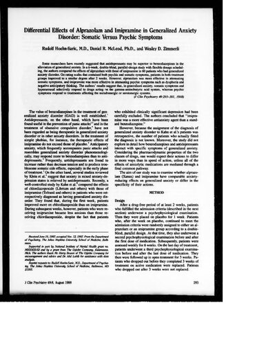 Differential effects of alprazolam and imipramine in generalized anxiety disorder: somatic versus psychic symptoms