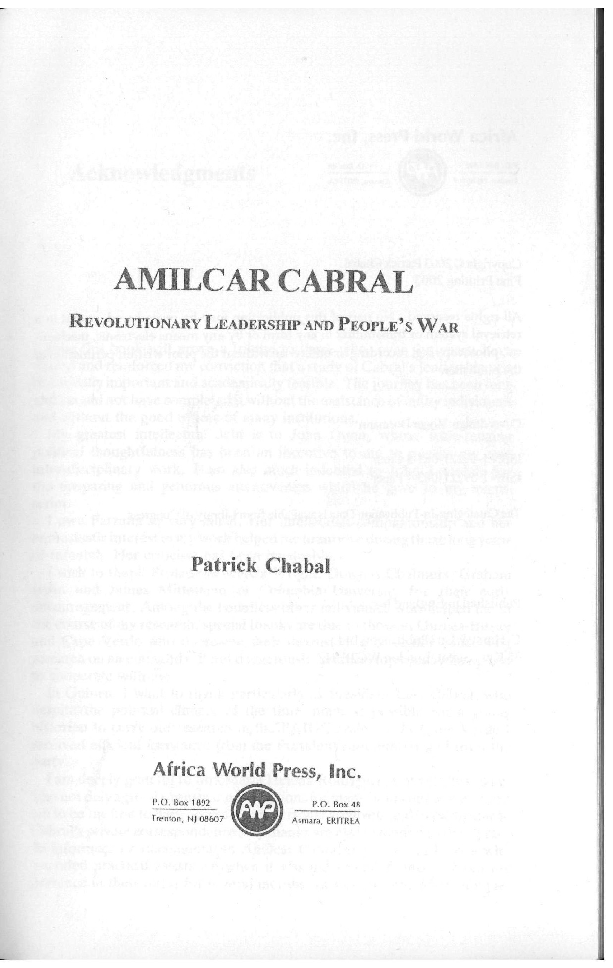 Amilcar Cabral: Revolutionary Leadership and People's War
