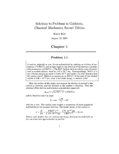Solutions to Problems in Goldstein's Classical Mechanics