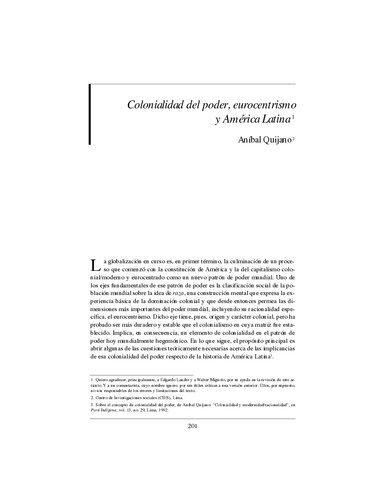 Colonialidad del poder, eurocentrismo y América Latina