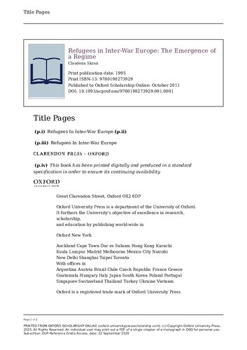 Refugees in Inter-War Europe: The Emergence of a Regime