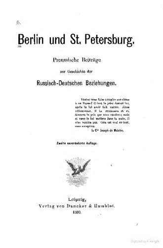 Berlin und St. Petersburg : Preussische Beiträge zur Geschichte der Russisch-Deutschen Beziehungen