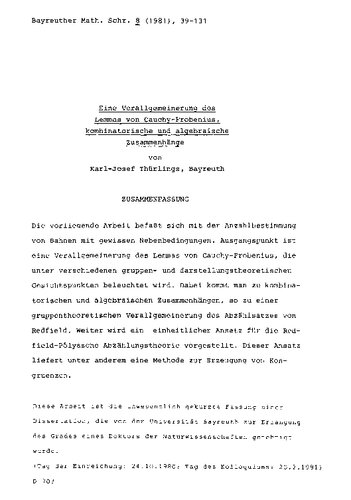 Eine Verallgemeinerung des Lemmas von Cauchy-Frobenius, kombinatorische und algebraische Zusammenhänge