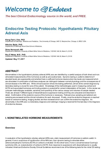 Endocrine Testing Protocols: Hypothalamic Pituitary Adrenal Axis