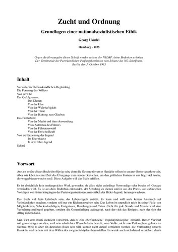 Usadel, Georg - Zucht und Ordnung - Grundlagen einer nationalsozialistischen Ethik (1935, 26 S., Text)