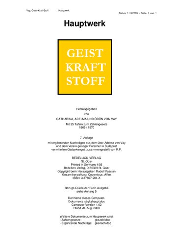 Vay, Adelma und Catharina und Oedoen von - Geist Kraft Stoff - Hauptwerk (1870-2003, 107 S., Text)