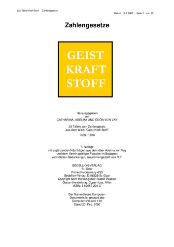 Vay, Adelma und Catharina und Oedoen von - Geist Kraft Stoff - Zahlengesetze (1870-2003, 30 S., Text)