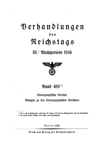 Verhandlungen des Reichstags - 1936 - 3. Wahlperiode (1938, 153 S., Scan, Fraktur)