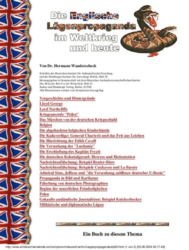 Wanderscheck, Hermann - Die Englische Luegenpropaganda im Weltkrieg und heute (1940, 66 S., Text)