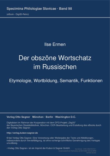 Der obszöne Wortschatz im Russischen: Etymologie, Wortbildung, Semantik, Funktionen