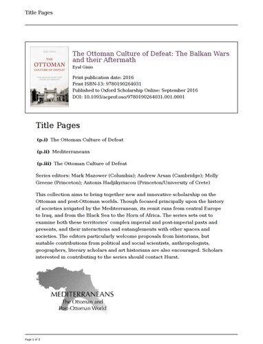 Ottoman Culture of Defeat: The Balkan Wars and Their Aftermath