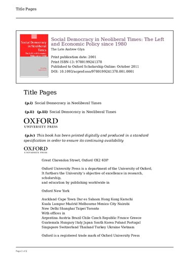 Social Democracy in Neoliberal Times: The Left and Economic Policy Since 1980