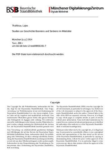 Studien zur Geschichte Bosniens und Serbiens im Mittelalter, von Ludwig von Thallóczy ... übersetzt von Dr. Franz Eckhart
