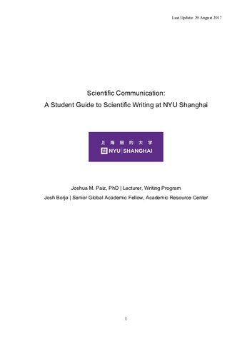Scientific Communication:   A Student Guide to Scientific Writing at NYU Shanghai
