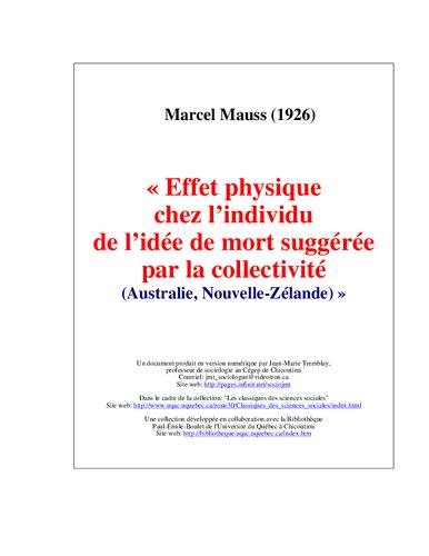 Effet physique chez l'individu de l'idée de mort suggérée par la collectivité: Australie, Nouvelle-Zélande