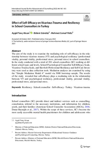 Effect of Self‐Efficacy on Vicarious Trauma and Resiliency in School Counsellors in Turkey