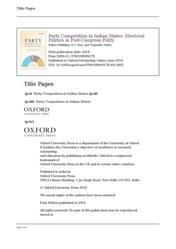 Party Competition in Indian States: Electoral Politics in Post-Congress Polity