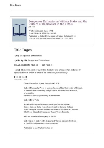 Dangerous Enthusiasm: William Blake and the Culture of Radicalism in the 1790s