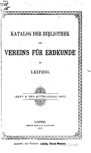 Katalog der Bibliothek des Vereins für Erdkunde zu Leipzig