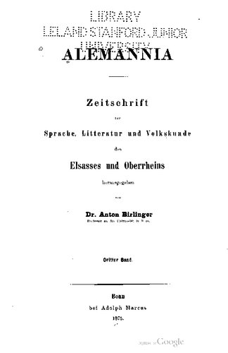 Alemannia Zeitschrift für Sprache, Litteratur und Volkskunde des Elsasses und Oberrheins, Volume 3