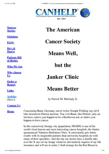 Janker Cancer Clinic in Bonn Germany: High dose Vitamin A (3 million units Vitamin A), Baking Soda, Cysteine, Proteolytic Enzymes