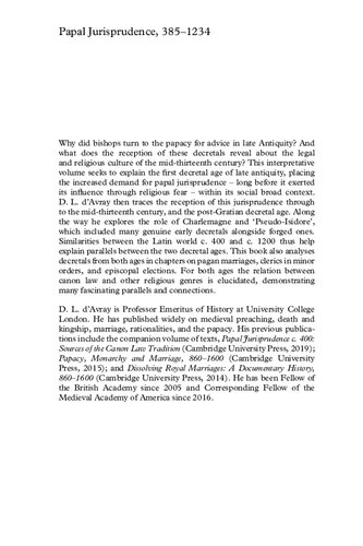 Papal jurisprudence, 385-1234 : social origins and Medieval reception of Canon Law